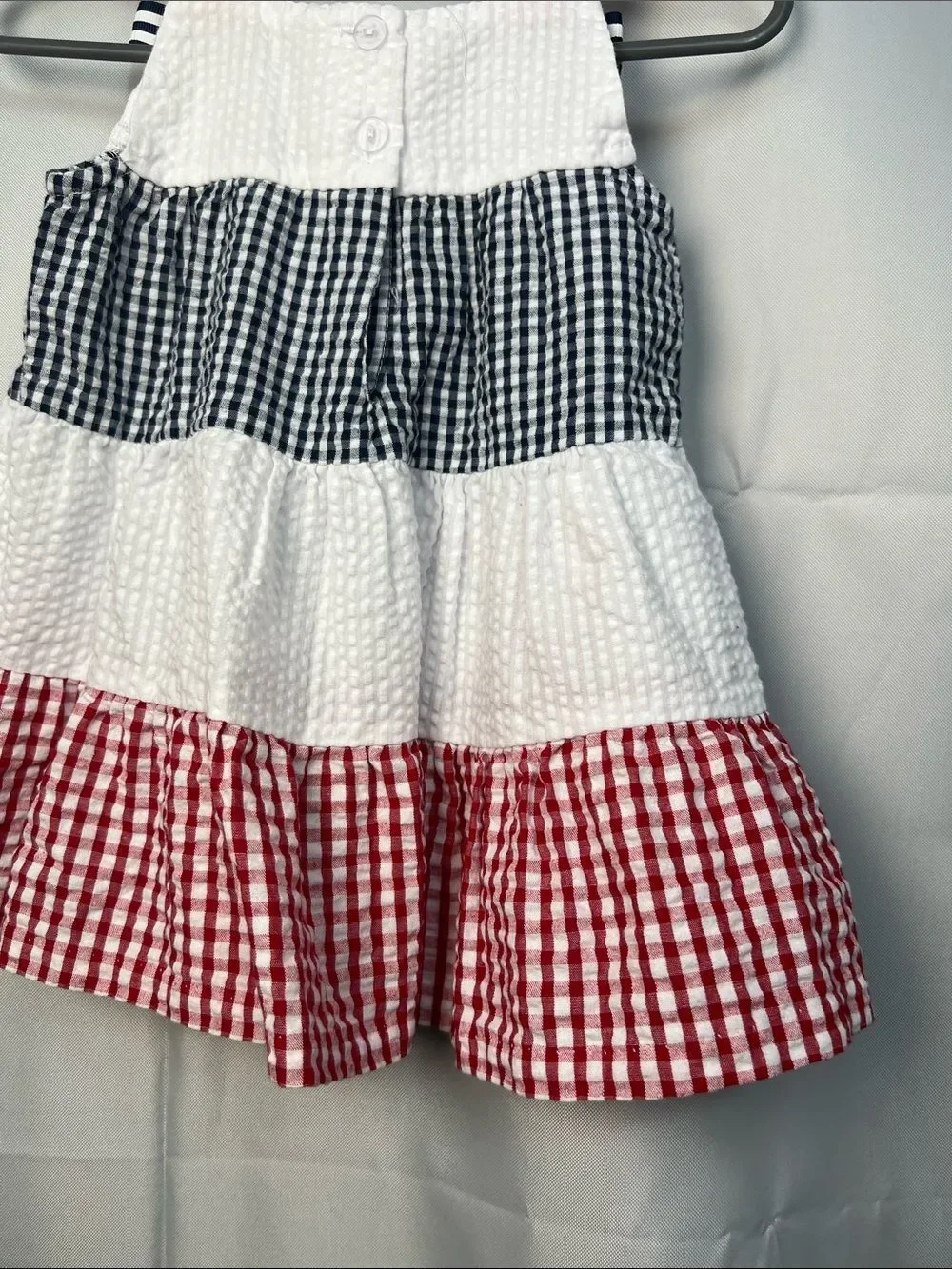 Rare Editions red white blue tiered Searsucker Patriotic dress butterfly accent